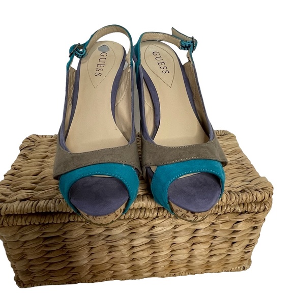 Guess Almost 5” Heel Cork Sling Back Open Toe SZ 7-1/2 - Picture 8 of 12